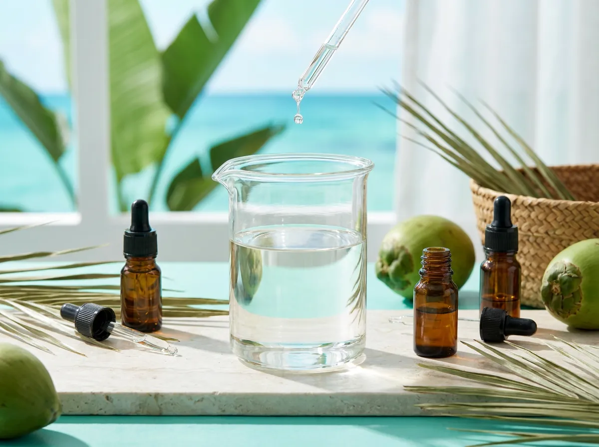 Clear fractionated coconut oil in a glass beaker beside essential oil vials and a pipette on a pale work surface