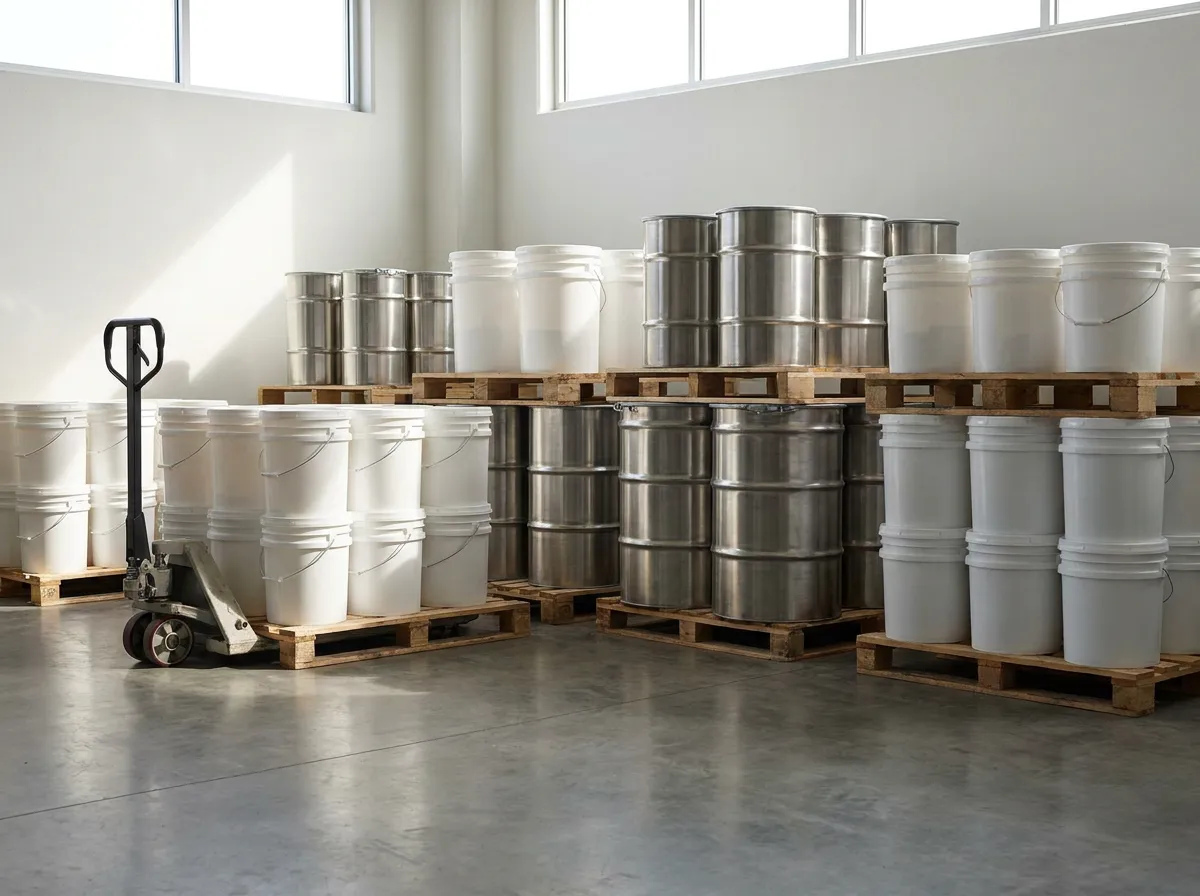 Stacked bulk pails and drums on pallets in a clean stockroom