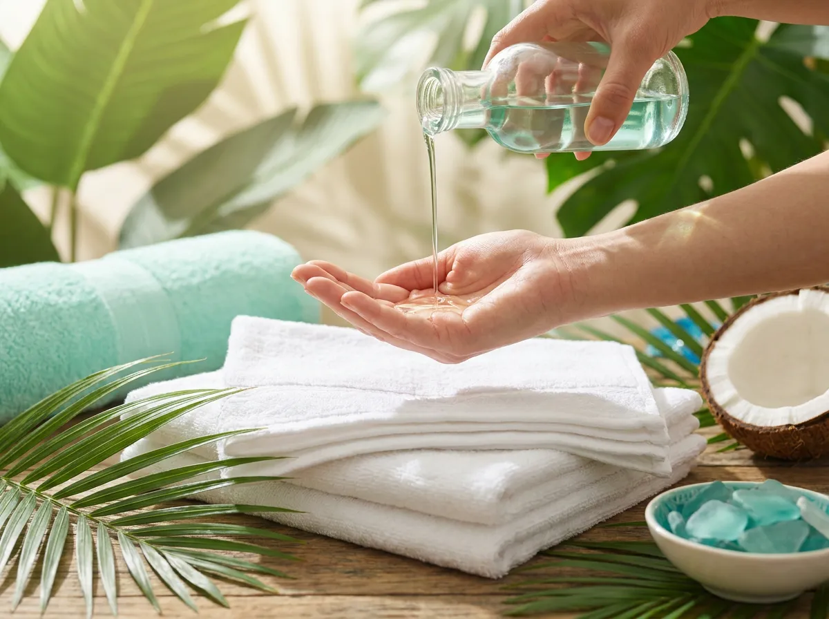 Fractionated coconut oil being poured into a cupped hand beside folded massage linens